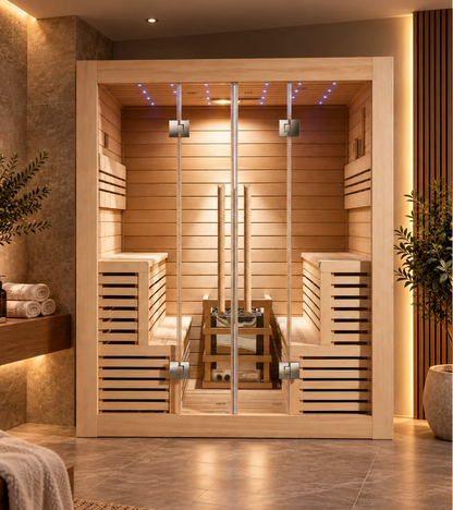 CenturaHeat - 4 Person Canadian Hemlock Indoor Sauna with 6kW Harvia Heater
