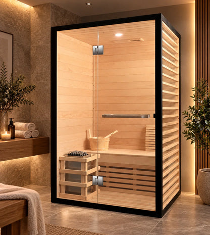 CenturaHeat - 2 Person Canadian Hemlock Indoor Sauna with Glass Side Wall and 3kW Harvia Heater