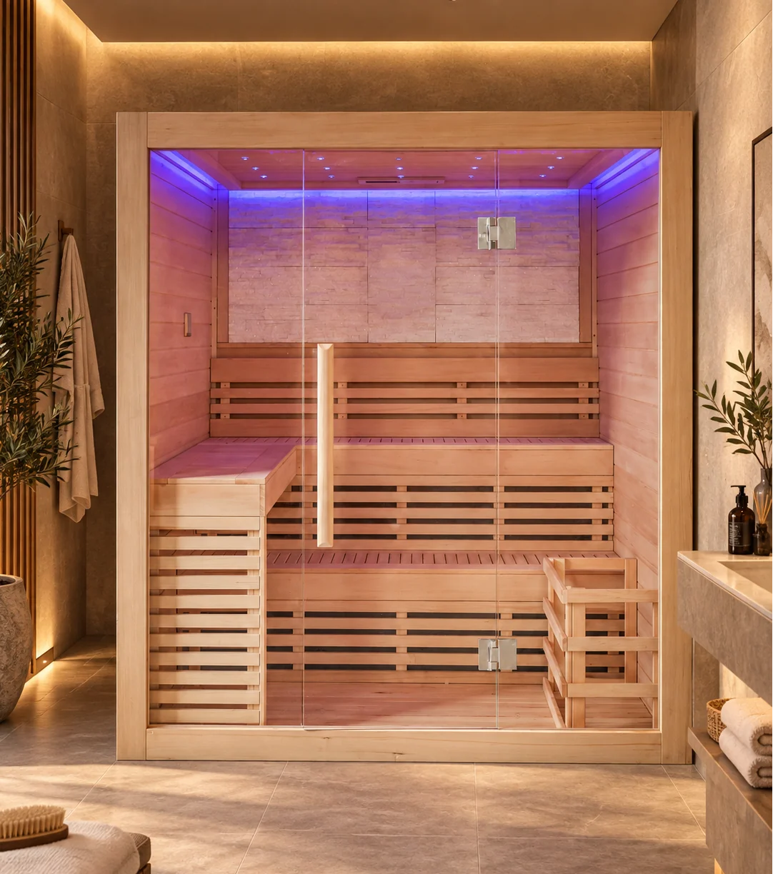 CenturaHeat - 4 Person Canadian Hemlock Indoor Sauna with Stone Back Wall and 6kW Harvia Heater