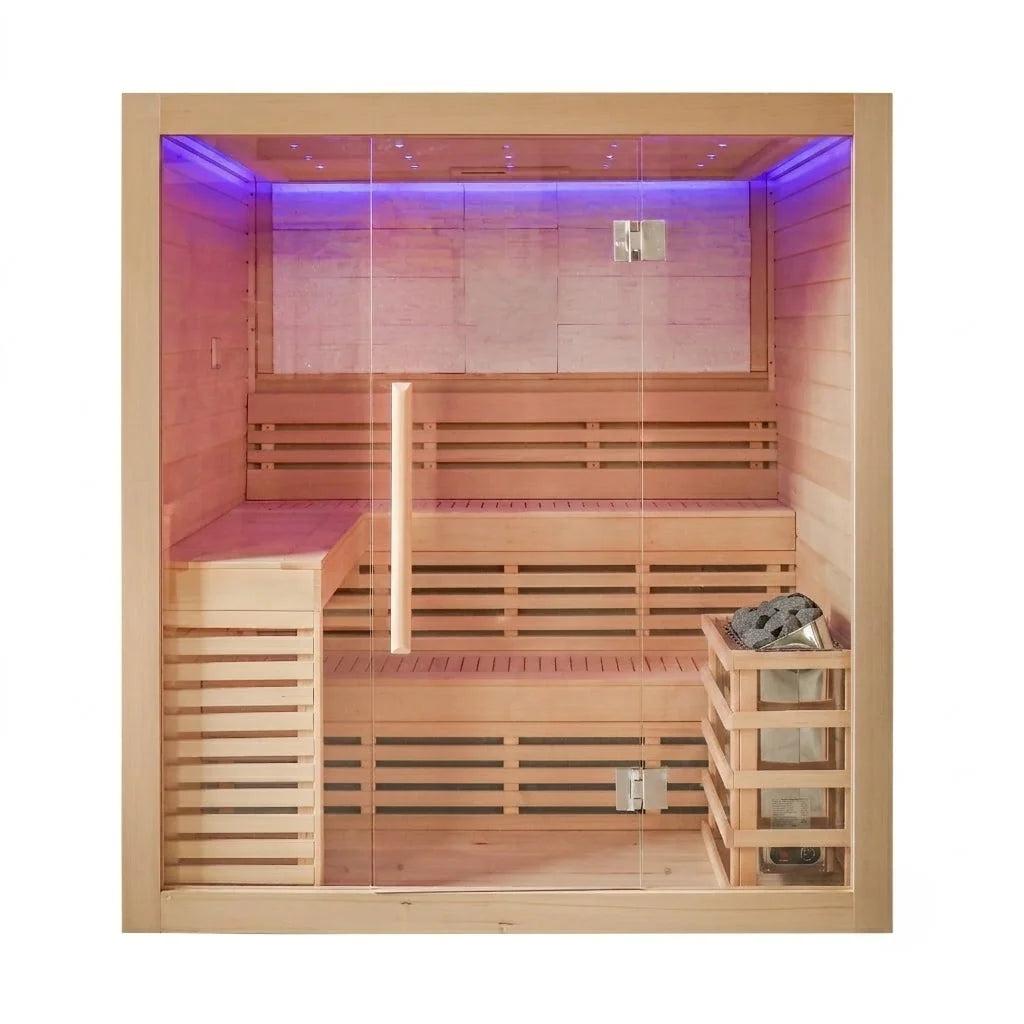 CenturaHeat - 4 Person Canadian Hemlock Indoor Sauna with Stone Back Wall and 6kW Harvia Heater