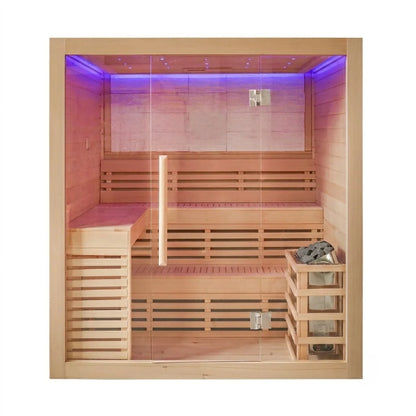 CenturaHeat - 4 Person Canadian Hemlock Indoor Sauna with Stone Back Wall and 6kW Harvia Heater