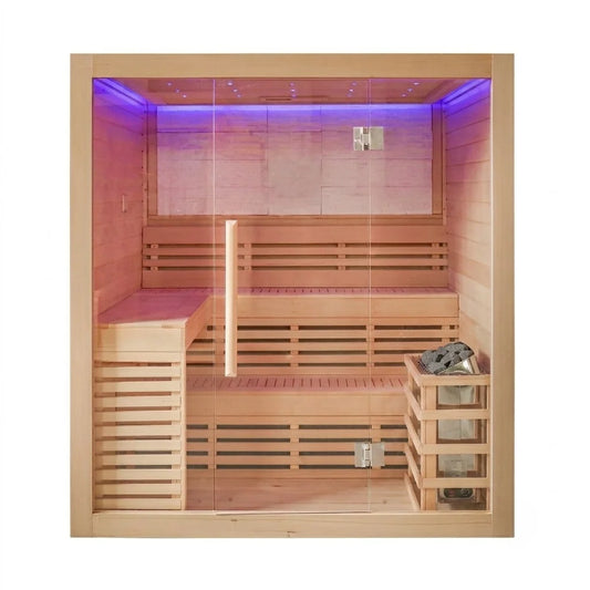 CenturaHeat - 4 Person Canadian Hemlock Indoor Sauna with Stone Back Wall and 6kW Harvia Heater