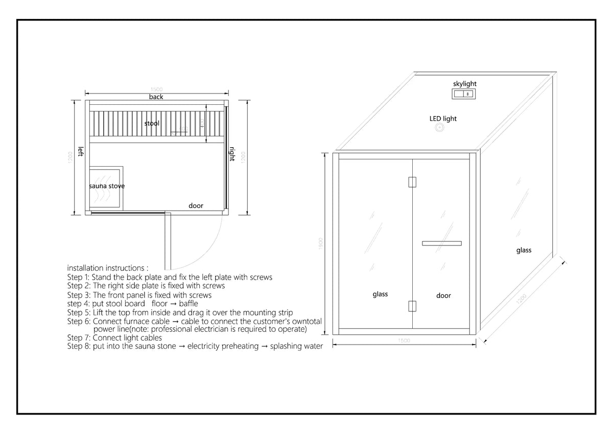 CenturaHeat - 2 Person Canadian Hemlock Indoor Sauna with Glass Side Wall and 3kW Harvia Heater