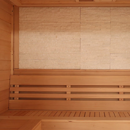 CenturaHeat - 4 Person Canadian Hemlock Indoor Sauna with Stone Back Wall and 6kW Harvia Heater