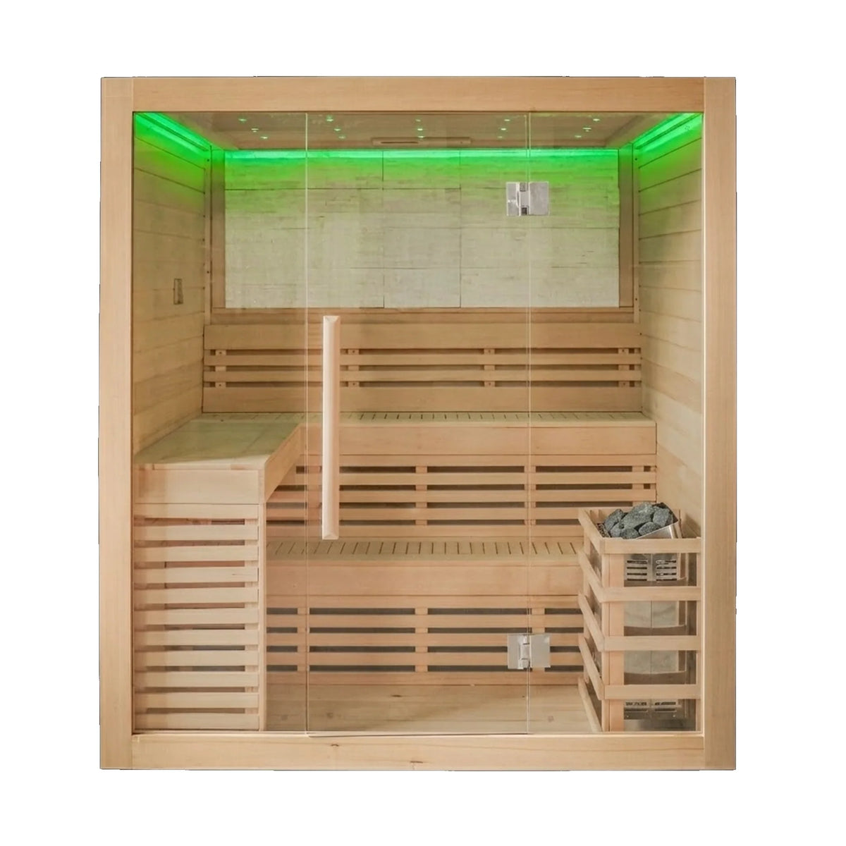 CenturaHeat - 4 Person Canadian Hemlock Indoor Sauna with Stone Back Wall and 6kW Harvia Heater