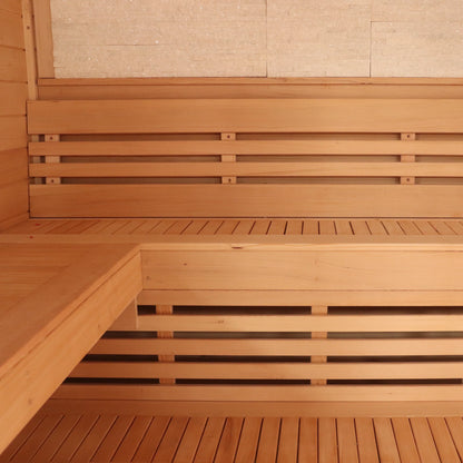 CenturaHeat - 4 Person Canadian Hemlock Indoor Sauna with Stone Back Wall and 6kW Harvia Heater