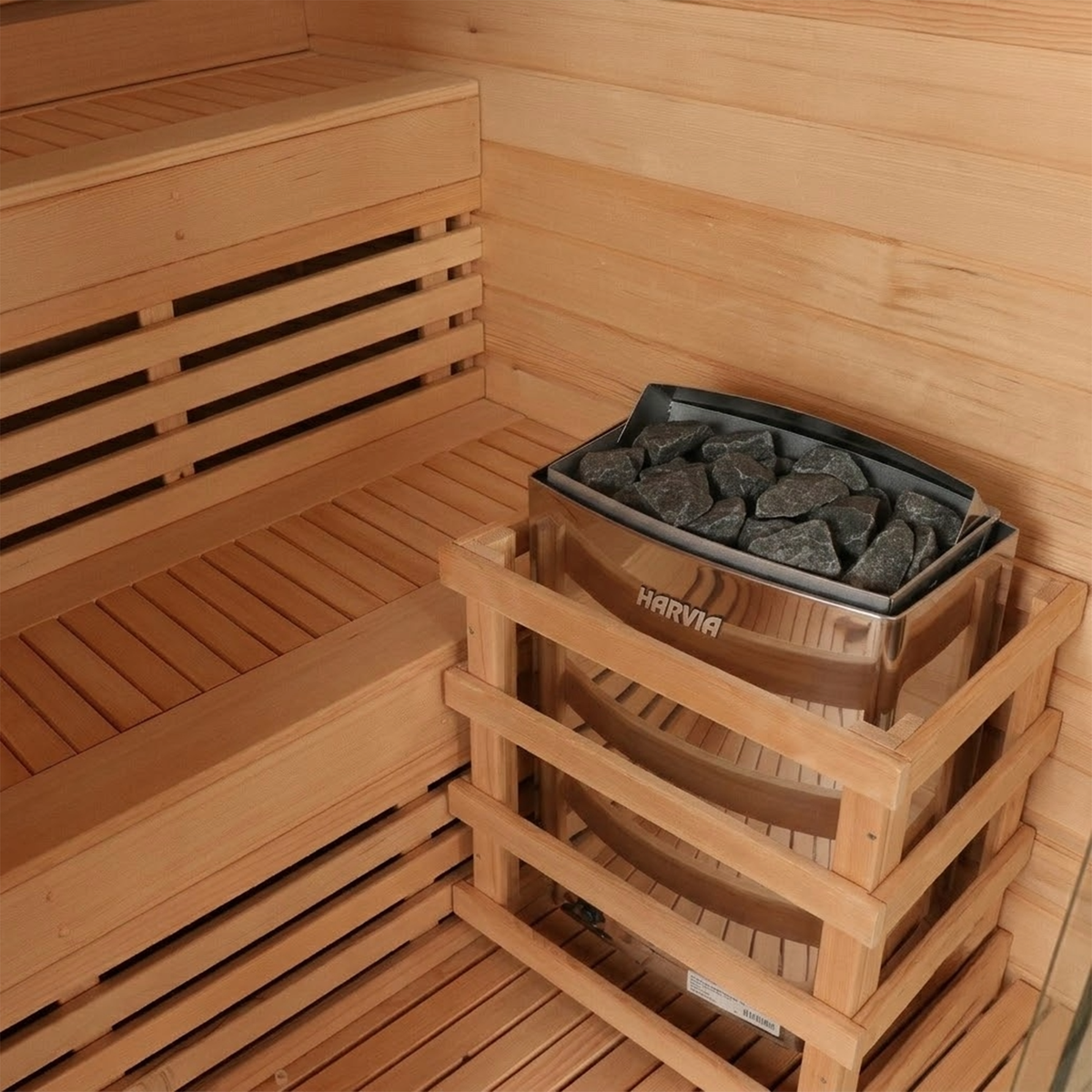 CenturaHeat 4 Person Canadian Hemlock Indoor Sauna with Stone Back Wall and 6kW Harvia Heater - Your Fitness Hub