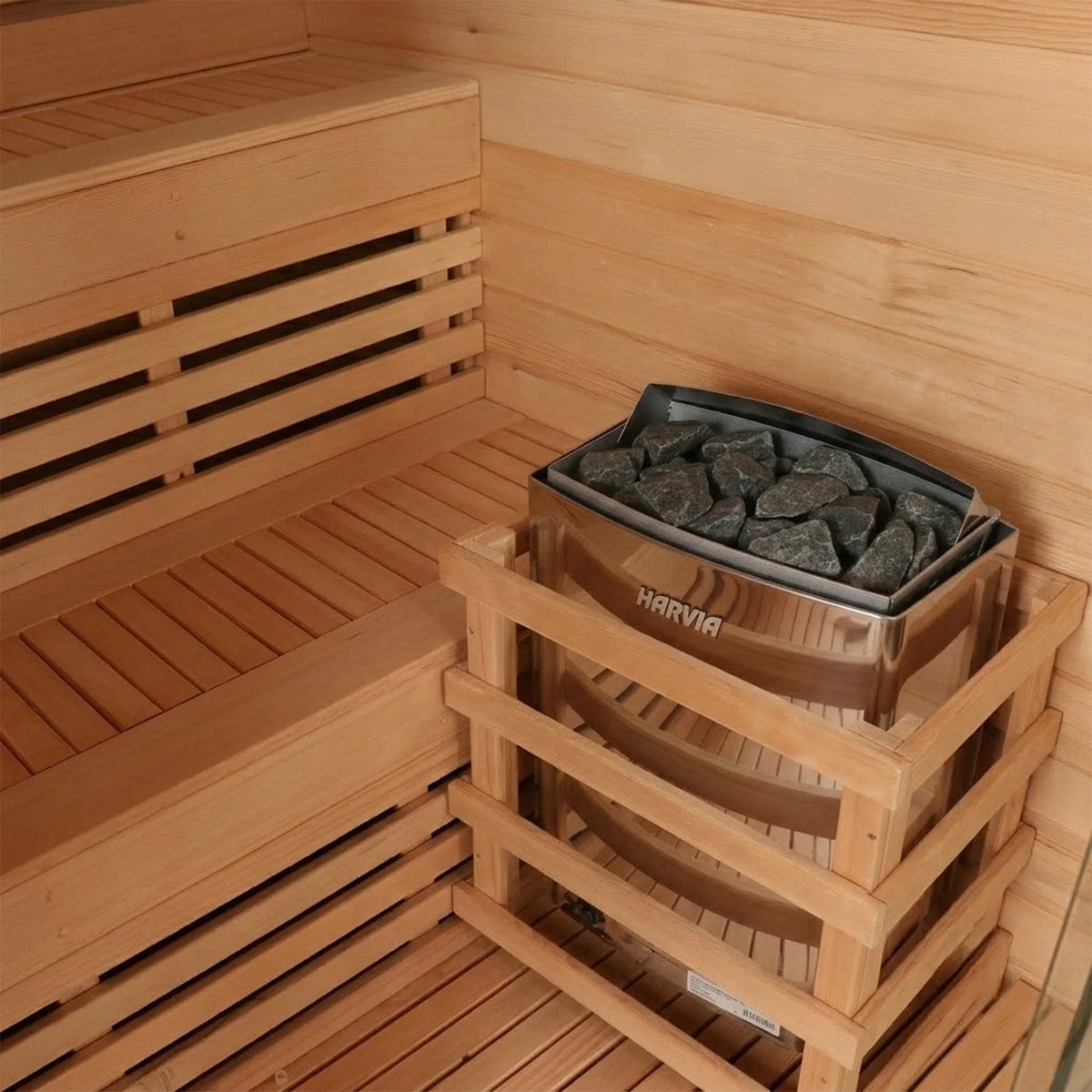CenturaHeat - 4 Person Canadian Hemlock Indoor Sauna with Stone Back Wall and 6kW Harvia Heater