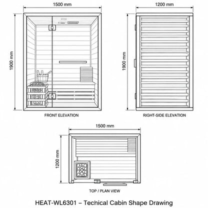 CenturaHeat - 2 Person Canadian Hemlock Indoor Sauna with Glass Side Wall and 3kW Harvia Heater