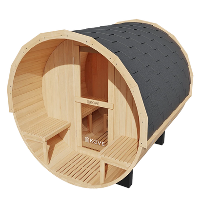 KOVE Outdoor Barrel Sauna – 3–4 Person Garden Sauna with 6kW Harvia Electric Heater