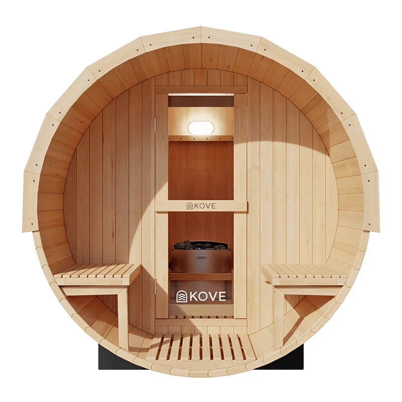 KOVE Outdoor Barrel Sauna – 3–4 Person Garden Sauna with 6kW Harvia Electric Heater