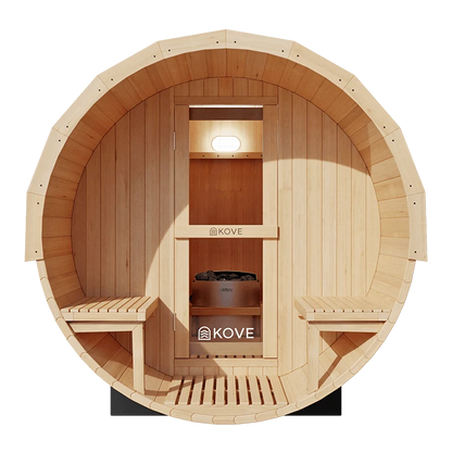 KOVE Outdoor Barrel Sauna – 3–4 Person Garden Sauna with 6kW Harvia Electric Heater
