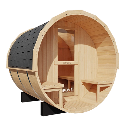 KOVE Outdoor Barrel Sauna – 3–4 Person Garden Sauna with 6kW Harvia Electric Heater