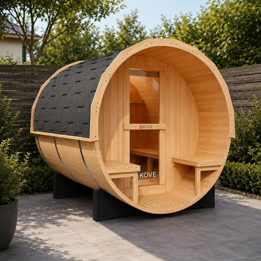 KOVE Outdoor Barrel Sauna – 3–4 Person Garden Sauna with 6kW Harvia Electric Heater