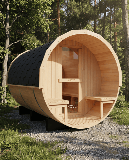 KOVE Outdoor Barrel Sauna – 4–6 Person Garden Sauna with 6kW Harvia Electric Heater