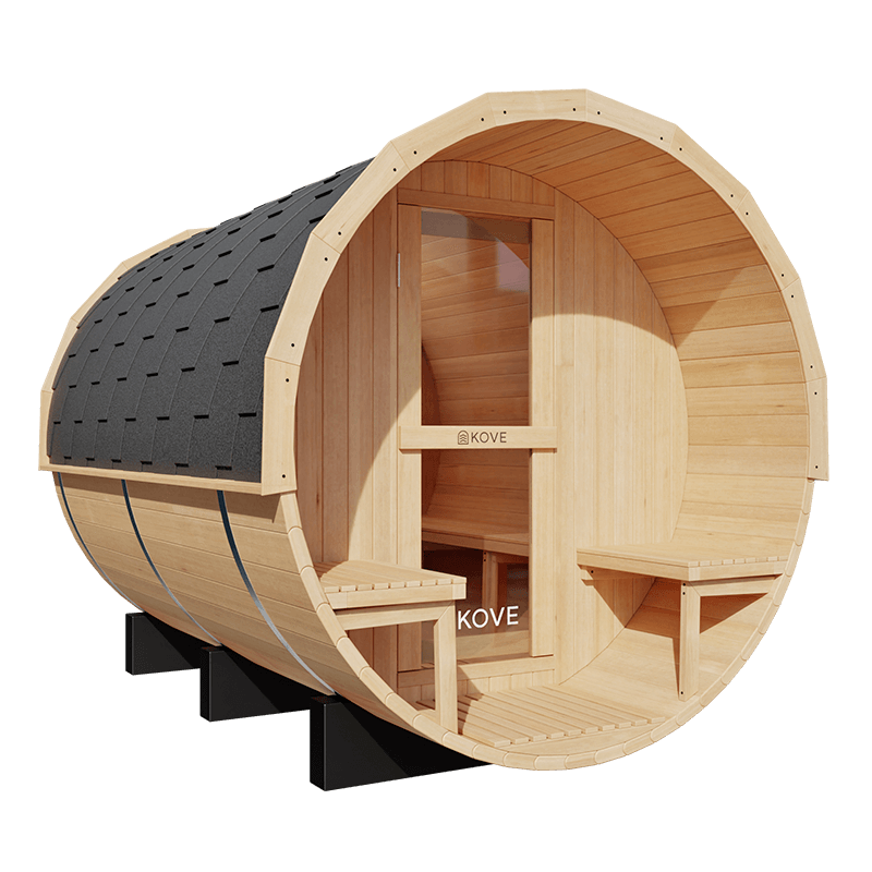 KOVE Outdoor Barrel Sauna – 4–6 Person Garden Sauna with 6kW Harvia Electric Heater