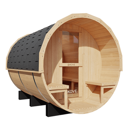 KOVE Outdoor Barrel Sauna – 4–6 Person Garden Sauna with 6kW Harvia Electric Heater