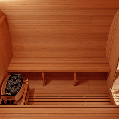 KOVE Outdoor Barrel Sauna – 4–6 Person Garden Sauna with 6kW Harvia Electric Heater